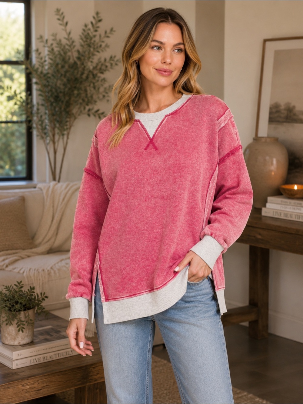 Zenana Outfitters Washed Rose Pullover Sweatshirt with Cream Trim NWOT